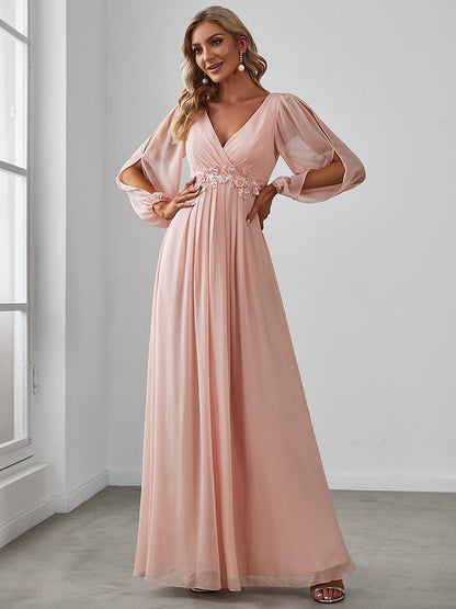 ever AMOUR|Elegant Chiffon V-Neckline Long Sleeve Wedding Guest Dress