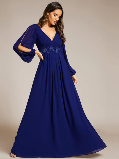 ever AMOUR|Elegant Chiffon V-Neckline Long Sleeve Wedding Guest Dress