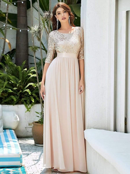 ever FLORENCE|Sequin Round Neckline Dress with Chiffon