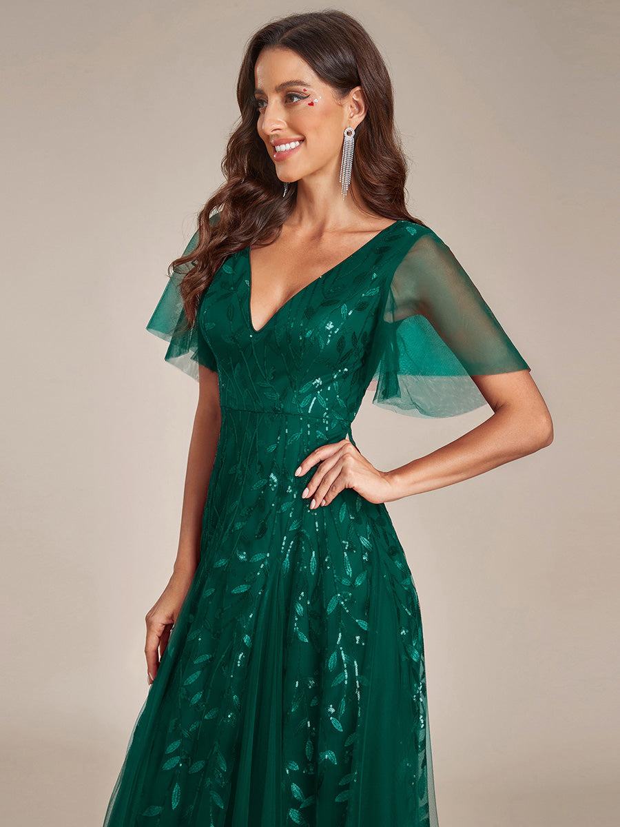 ever ASTRAL|Ruffle Sleeves Leaf Sequin Maxi Bridesmaid Dress