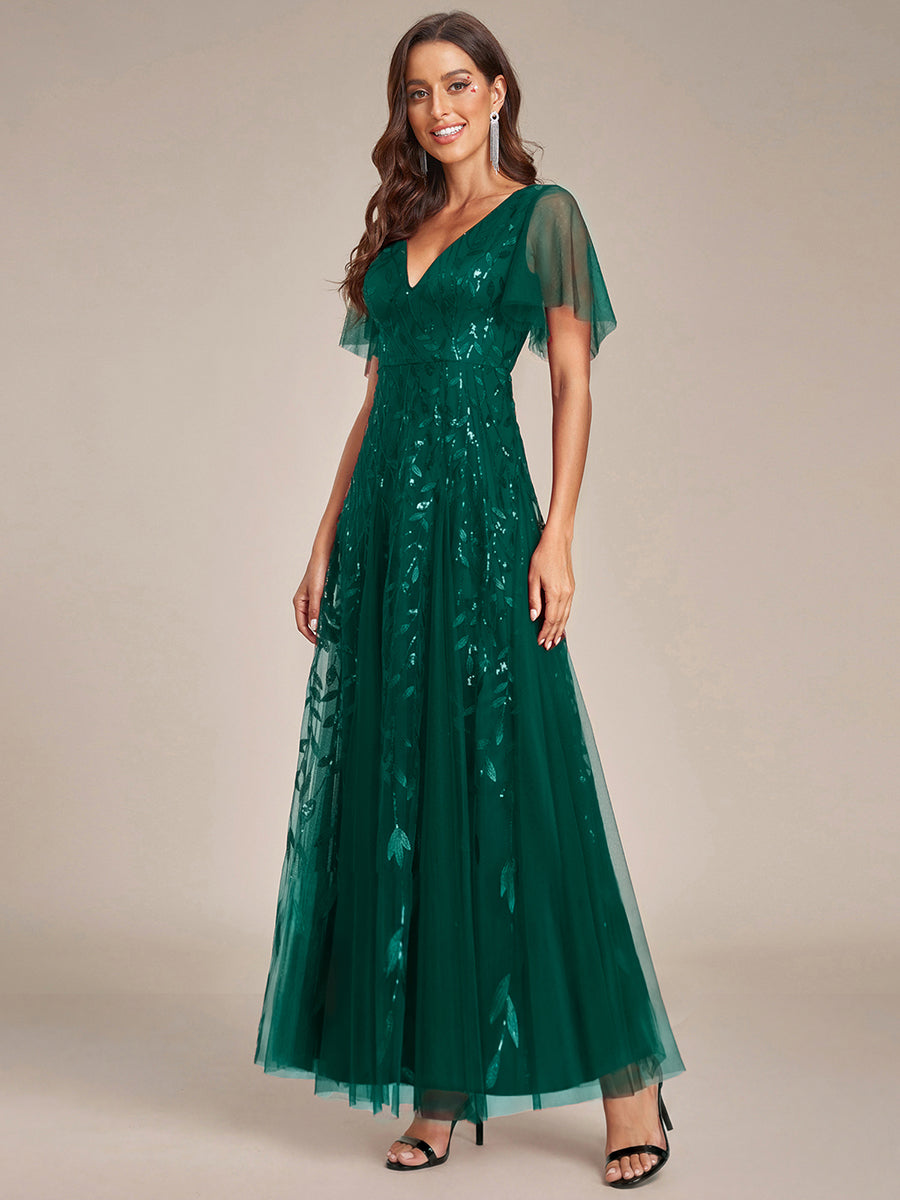 ever ASTRAL|Ruffle Sleeves Leaf Sequin Maxi Bridesmaid Dress