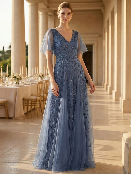 ever ASTRAL|Shimmery Ruffle Sleeves Maxi Sequin Evening Dress