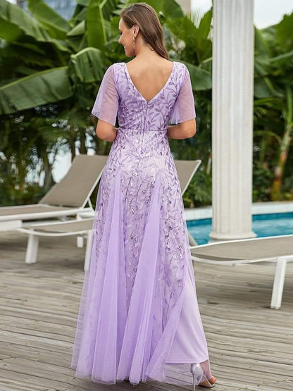 ever ASTRAL|Elegant Ruffle Sleeves Maxi Sequin Mother of the Bride Dress
