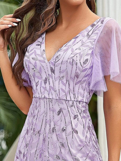 ever ASTRAL|Ruffle Sleeves Leaf Sequin Maxi Bridesmaid Dress