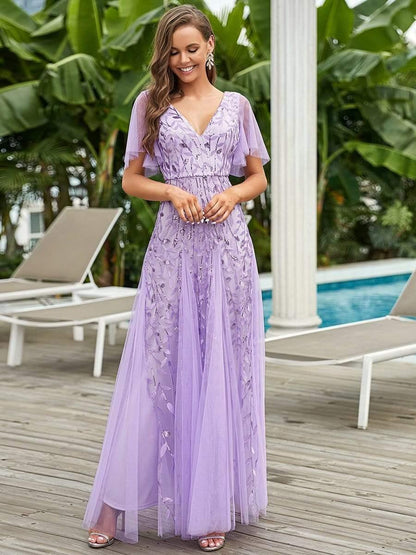ever ASTRAL|Ruffle Sleeves Leaf Sequin Maxi Bridesmaid Dress