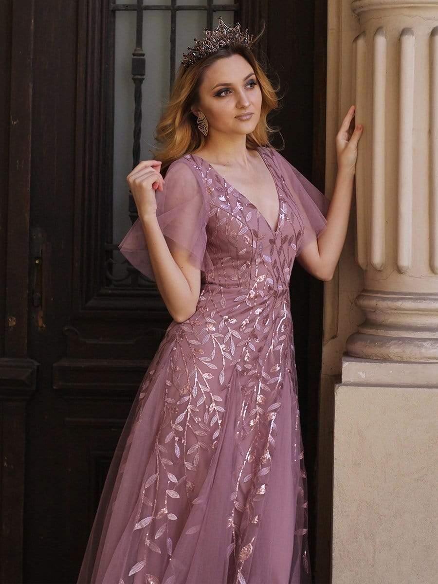 ever ASTRAL|Ruffle Sleeves Leaf Sequin Maxi Bridesmaid Dress