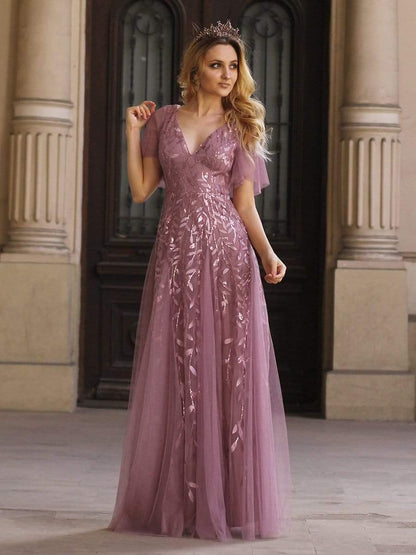 ever ASTRAL|Elegant Ruffle Sleeves Maxi Sequin Mother of the Bride Dress