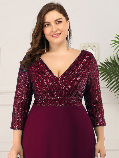pretty IRIS|Plus Size Patchwork Chiffon Sequin V-Neck Evening Dress With Sleeve