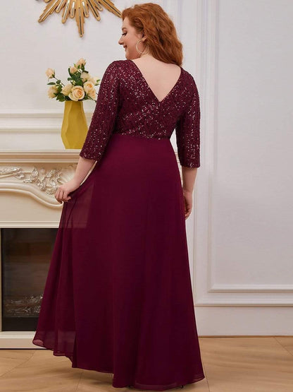 pretty LUENA|Plus Size V Neck A-Line Sequin Formal Evening Dress with Sleeve