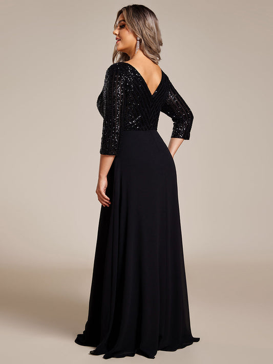 pretty IRIS|Plus Size Patchwork Chiffon Sequin V-Neck Evening Dress With Sleeve