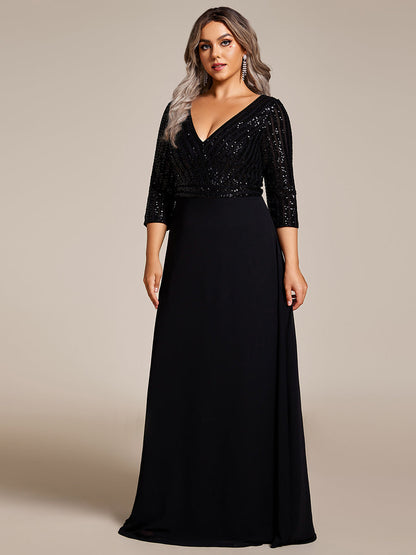 pretty IRIS|Plus Size Patchwork Chiffon Sequin V-Neck Evening Dress With Sleeve