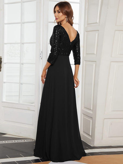 ever LUENA|Sexy V Neck Sequin Evening Dresses with 3/4 Sleeve