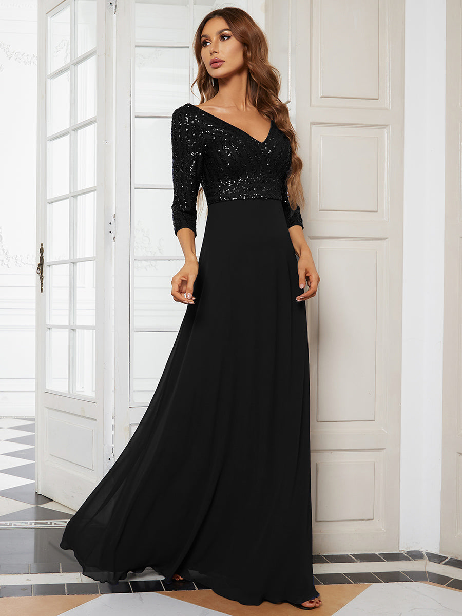ever IRIS|Patchwork Chiffon Sequin A-Line Evening Dress