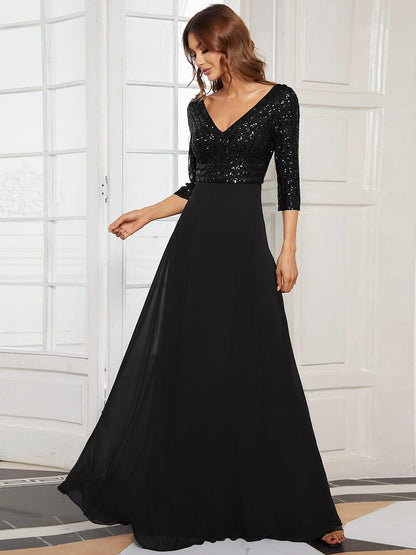 ever LUENA|Sexy V Neck Sequin Evening Dresses with 3/4 Sleeve