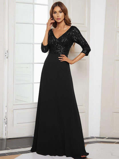 ever LUENA|Sexy V Neck Sequin Evening Dresses with 3/4 Sleeve