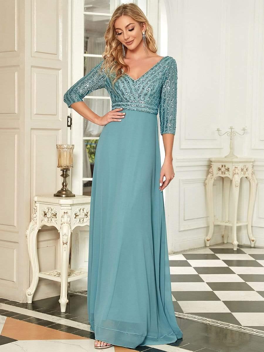 ever LUENA|Sexy V Neck Sequin Evening Dresses with 3/4 Sleeve