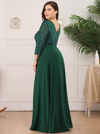ever LUENA|Sexy V Neck Sequin Evening Dresses with 3/4 Sleeve