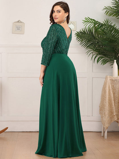 pretty IRIS|Plus Size Patchwork Chiffon Sequin V-Neck Evening Dress With Sleeve