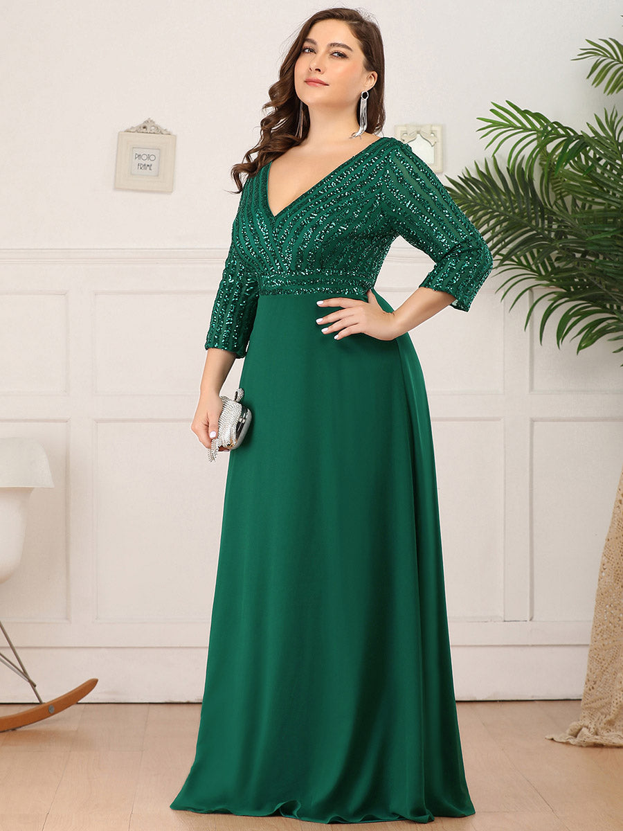pretty IRIS|Plus Size Patchwork Chiffon Sequin V-Neck Evening Dress With Sleeve