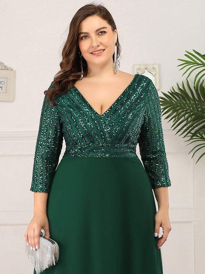 ever LUENA|Sexy V Neck Sequin Evening Dresses with 3/4 Sleeve
