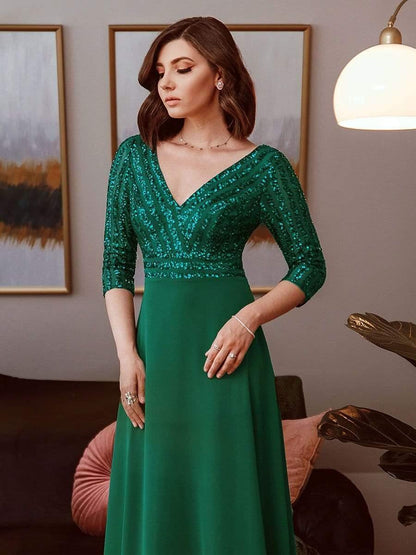 ever LUENA|Sexy V Neck Sequin Evening Dresses with 3/4 Sleeve