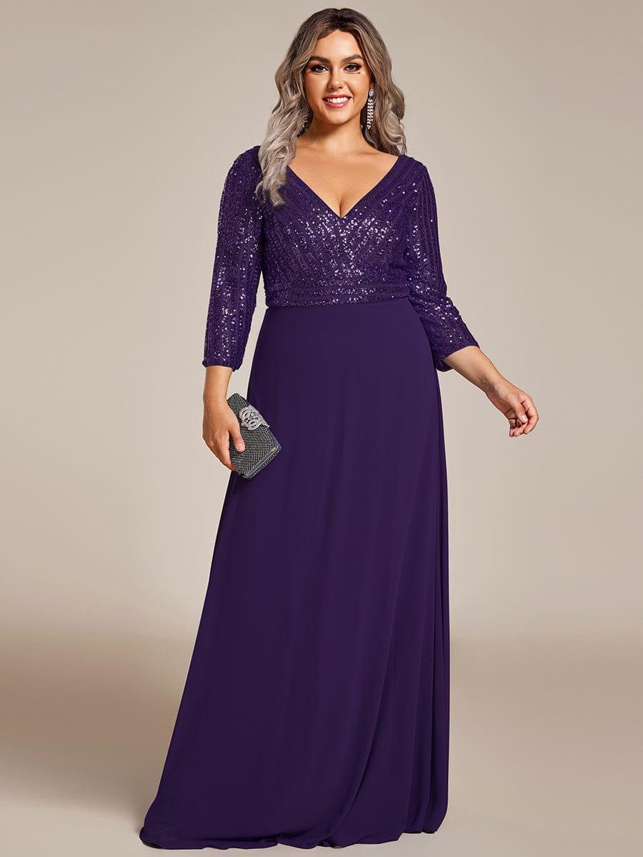 ever LUENA|Sexy V Neck Sequin Evening Dresses with 3/4 Sleeve