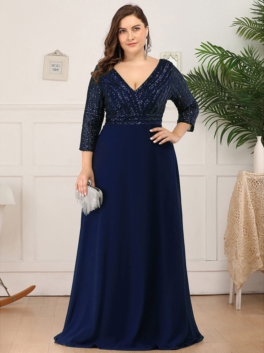 pretty IRIS|Plus Size Patchwork Chiffon Sequin V-Neck Evening Dress With Sleeve