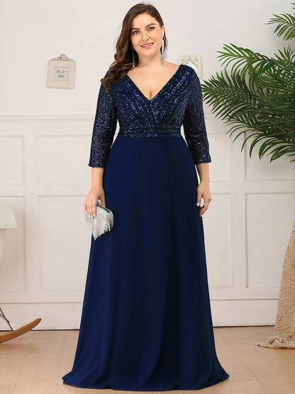 pretty IRIS|Plus Size Patchwork Chiffon Sequin V-Neck Evening Dress With Sleeve