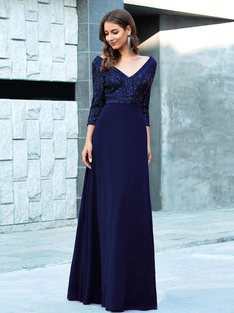 ever IRIS|Patchwork Chiffon Sequin A-Line Evening Dress