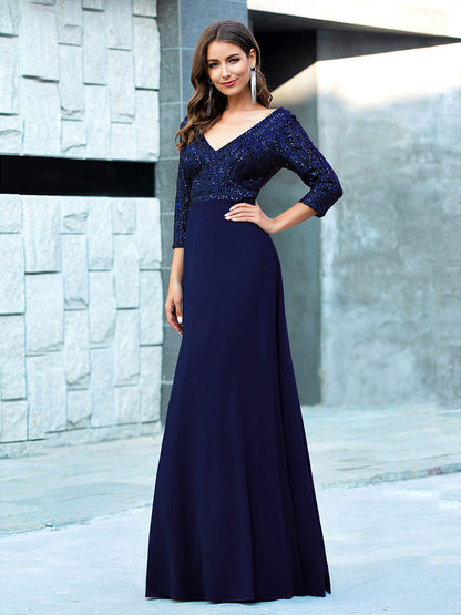 ever IRIS|Patchwork Chiffon Sequin A-Line Evening Dress