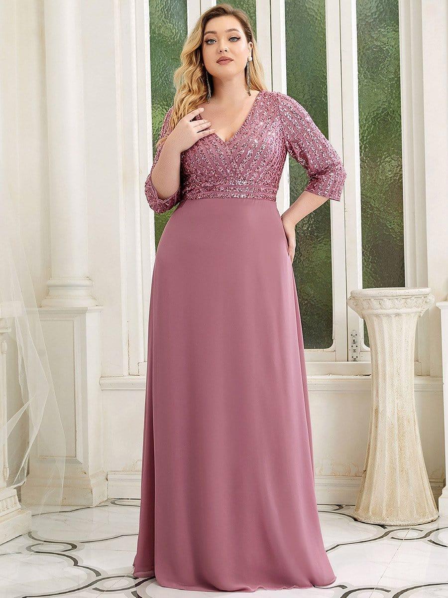 ever LUENA|Sexy V Neck Sequin Evening Dresses with 3/4 Sleeve