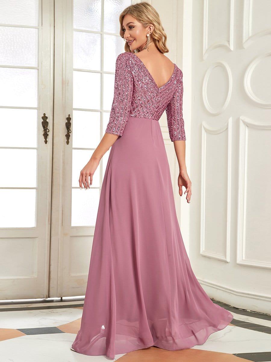 ever LUENA|Sexy V Neck Sequin Evening Dresses with 3/4 Sleeve