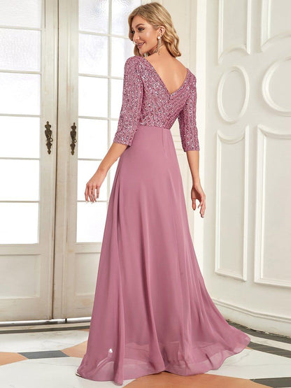ever LUENA|Sexy V Neck Sequin Evening Dresses with 3/4 Sleeve