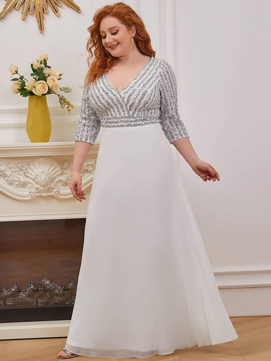 pretty LUENA|Plus Size V Neck A-Line Sequin Formal Evening Dress with Sleeve