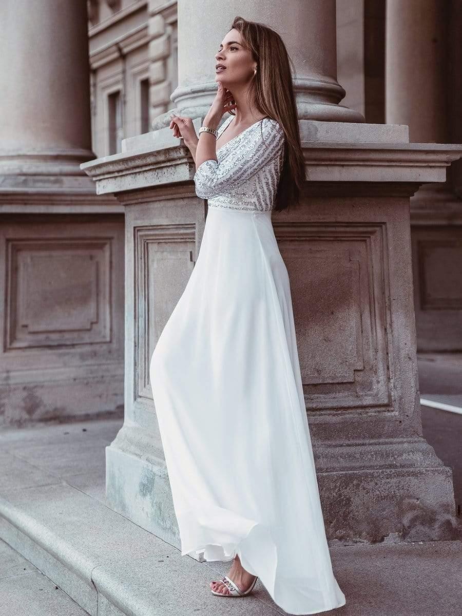 ever LUENA|Sexy V Neck Sequin Evening Dresses with 3/4 Sleeve