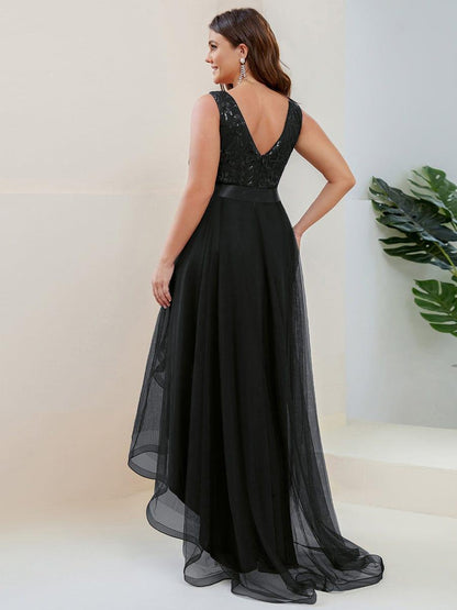 ever SASHIA|Fashion High-Low Deep V Neck Tulle Evening Dresses with Sequin Appliques