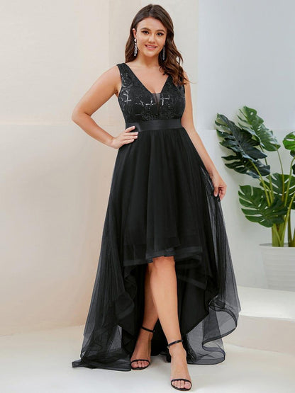 ever SASHIA|Fashion High-Low Deep V Neck Tulle Prom Dresses with Sequin Appliques
