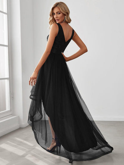 ever SASHIA|Fashion High-Low Deep V Neck Tulle Evening Dresses with Sequin Appliques
