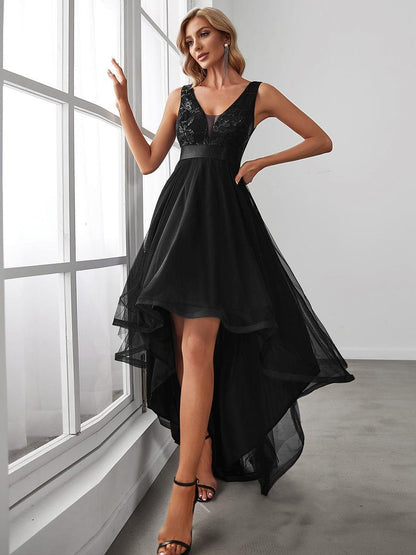 ever SASHIA|Fashion High-Low Deep V Neck Tulle Prom Dresses with Sequin Appliques