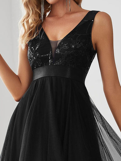 ever SASHIA|Fashion High-Low Deep V Neck Tulle Prom Dresses with Sequin Appliques
