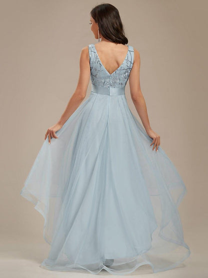 ever SASHIA|Fashion High-Low Deep V Neck Tulle Evening Dresses with Sequin Appliques