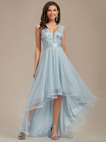 ever SASHIA|Fashion High-Low Deep V Neck Tulle Evening Dresses with Sequin Appliques
