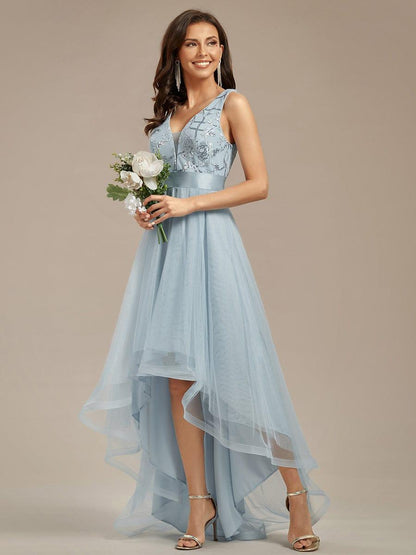 ever SASHIA|Fashion High-Low Deep V Neck Tulle Prom Dresses with Sequin Appliques