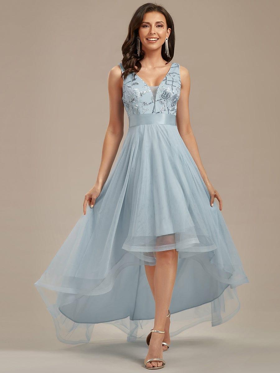 ever SASHIA|Fashion High-Low Deep V Neck Tulle Prom Dresses with Sequin Appliques
