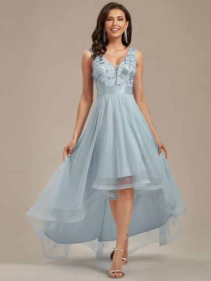 ever SASHIA|Fashion High-Low Deep V Neck Tulle Evening Dresses with Sequin Appliques