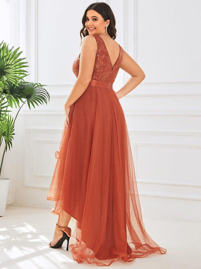 pretty SASHIA|Plus Size Sequin High-Low Deep V Neck Tulle Evening Dresses