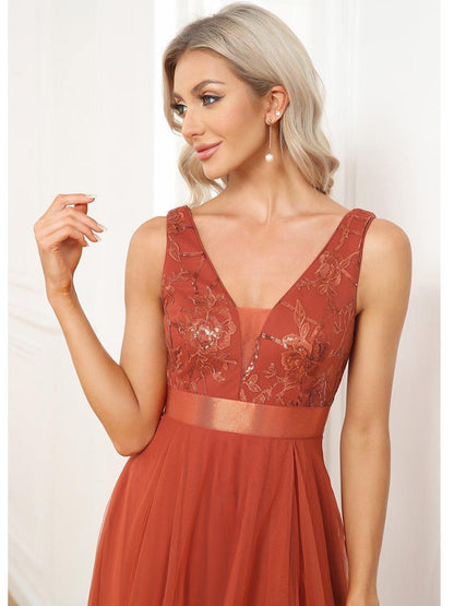 ever SASHIA|Fashion High-Low Deep V Neck Tulle Evening Dresses with Sequin Appliques