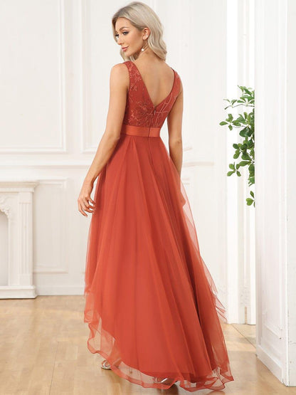 ever SASHIA|Fashion High-Low Deep V Neck Tulle Prom Dresses with Sequin Appliques