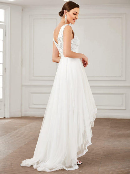 ever SASHIA|Fashion High-Low Deep V Neck Tulle Prom Dresses with Sequin Appliques