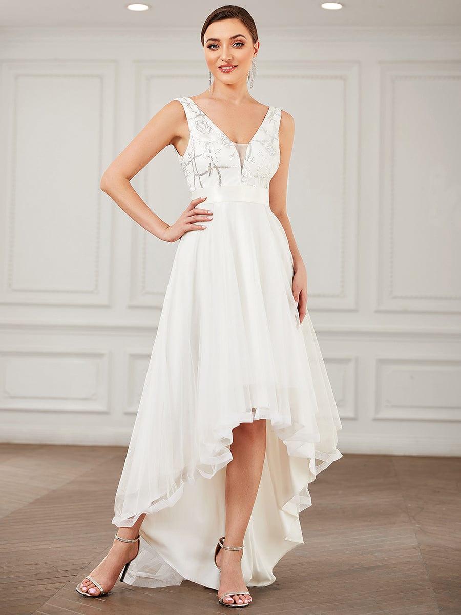 ever SASHIA|Fashion High-Low Deep V Neck Tulle Prom Dresses with Sequin Appliques